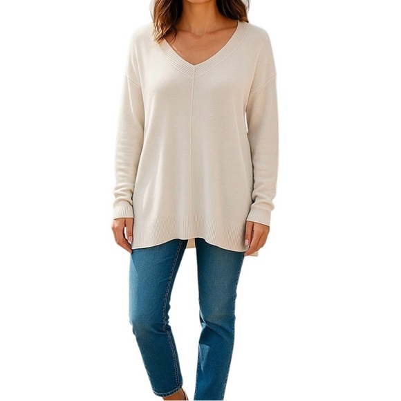 Worthington Sweater Women L Preppy Y2K Cozy V-Neck Neutral Effortless Oversized - Picture 1 of 9